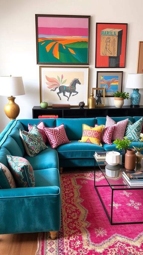 teal couch living room Turquoise Sectional Living Room, Teal Couch Decor, Colorful Living Room Blue Couch, Turquoise Couch Living Room, Living Room With Teal Sofa, Teal Couch Living Room Colour Schemes, Turquoise Couch Living Room Ideas, Mismatched Couches, Teal Velvet Couch