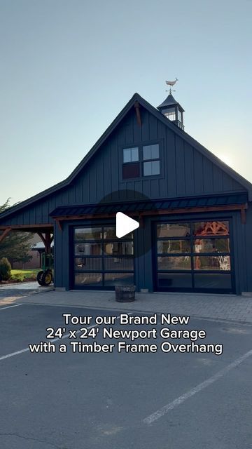 The Barn Yard on Instagram: "Check out the newest update to our Ellington Location: a brand new 24' x 24' Newport Garage! This garage features our standard one and a half stories and a cape-style roof, with some upscale changes that elevate the look of the garage. Take notice of the 9' x 8' full view glass overhead doors, the board and batten siding, and the 10' x 24' Timber Frame Overhang.  . #thebarnyard #thebarnyardstore #buildersofinsta #customgarage #garage #newportgarage #timberframe #leanto #boardandbatten #ellington #garagegoals #twocargarage #capestyle #custombuilder #buildersofinstagram" Board And Batten Shop Exterior, Detached Metal Garage Next To House, Garage Overhang Ideas, Detached Garage Ideas Backyard, 2 Car Garage Ideas, Garage Bunkhouse, Garage Extension Ideas, Garage Addition Ideas Attached, Garage Loft Ideas