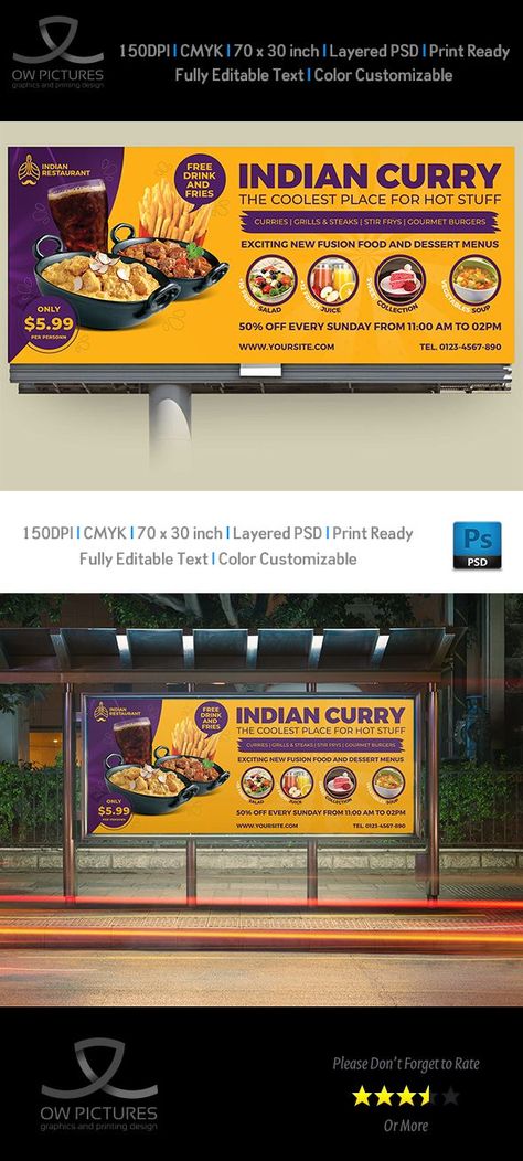 Indian Curry Restaurant Billboard Template was designed for business, it’s professional and eye catching. Attract people to your business with these beautiful outdoor banners!!! Billboard Feature : Fully layered PSD files Easy customizable and editable 70×30 inch (with 2 inch bleeds) CMYK colors 150 DPI resolution Print ready format Banner Design Restaurant, Hording Design Restaurant, Restaurant Flex Banner Design, Bill Board Design Ideas, Editable Menu Template Free, Bilbord Design Graphics, Restaurant Banner Design Ideas, Food Banner Design Restaurant, Business Banner Design Ideas