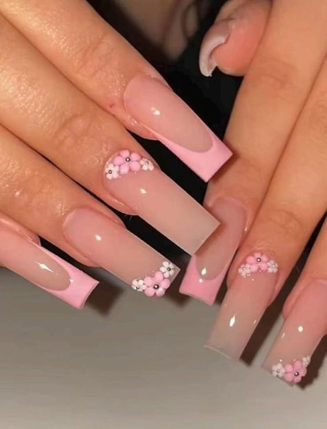 Pink Flower Charm Nails, Nail Inspo Acrylic Coffin Long, Simple Nail Ideas Medium Length, Flower Nails Charms, Classy Flower Nails, Square Acrylic Nails With Flowers, Natural Acyrilics Nails, Cute Work Nails, Cute Long Nails With Charms