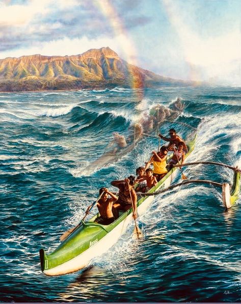 Hawaiian Outrigger Canoe Surfing : Panting By Leo Hone Hawaiian Artists, Hawaiian History, Outrigger Canoe, Polynesian Art, Hawaii Art, Hawaiian Art, Aloha Spirit, Diamond Head, Hawaiian Culture