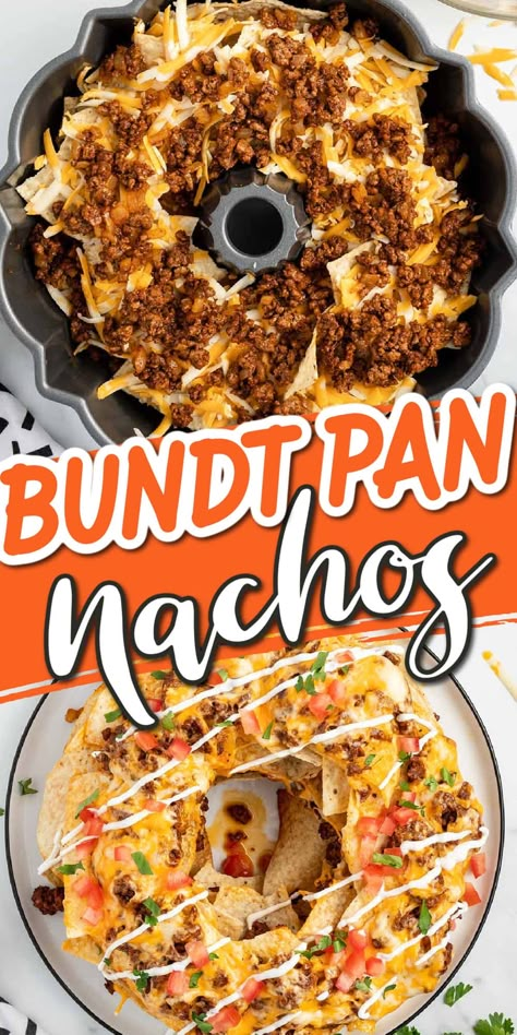 Nachos Sheet Pan Recipe, Meals In A Bundt Pan, Nachos Made In Bundt Pan, Bundt Pan Appetizers, Shredded Pork Nachos Recipe, Meatloaf Bundt Pan Recipe, Mexican Casserole In Bundt Pan, Nachos In Bundt Pan, Taco In A Bundt Pan