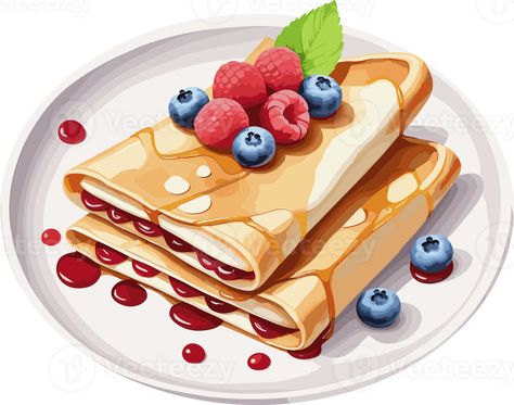 Watercolor style of delicious crepes with berry fruits and sauce, isolated clipart , design element for quick healthy breakfast idea, food, easy cooking, brunch, dessert, nutrients, homemade recipe Berry Fruits, Brunch Dessert, Healthy Breakfast Idea, Doodles Stickers, Brunch Desserts, Quick Healthy Breakfast, Food Easy, Berry Fruit, Breakfast Idea