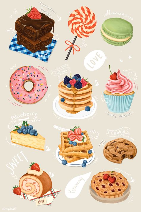 Hand drawn dessert collection vector | free image by rawpixel.com / Noon Salted Caramel Chocolate Cake, Donut Flavors, Desserts Drawing, Homemade Carrot Cake, Christmas Themed Cake, Cupcake Vector, Dessert Illustration, Cake Drawing, 귀여운 음식 그림