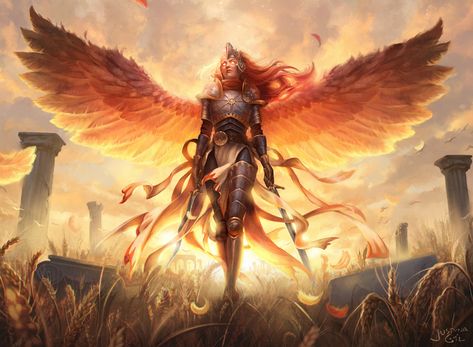 Winged Characters, Tattoo Angels, Wlop Art, Fire Kingdom, 천사와 악마, Warrior Angel, Bird People, Mtg Art, Angel Warrior