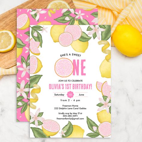 Lemon First Birthday Theme, First Birthday Girl Summer, Pink Lemonade Party, Baby Birthday Decorations, Lemonade Party, 1st Birthday Party Invitations, 1st Birthday Party Themes, First Birthday Party Themes, 1st Birthday Invitation