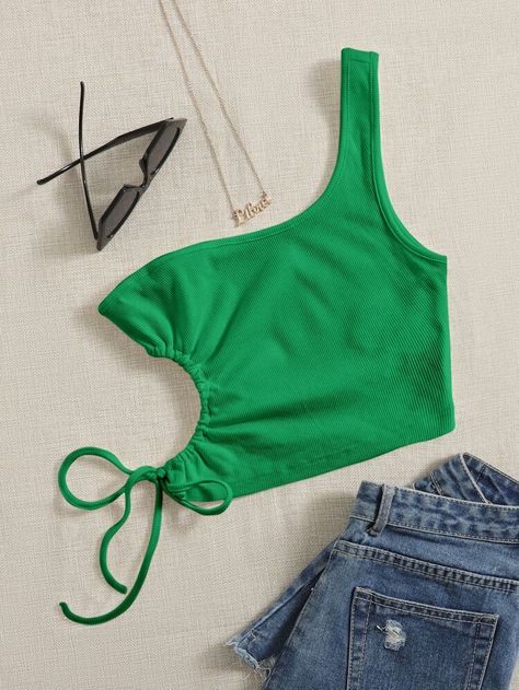 Shein Shirts Aesthetic, Elastic Tops For Women, Top Verde Outfit, Crop Top Styles, Top Verde, Cami Outfit, Green Crop Top, Fashion Top Outfits, Drawstring Top