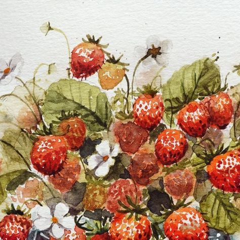 Nianiani on Instagram: "Small wild strawberries in a jar painted in a loose style as practice since I'm usually so tight with my paintings 🍓
.
Tutorial now up on my yt channel: nianiani
Downloadable outline is available for purchase in my ko-fi shop, you can find the link in the description box of my yt video
Enjoy!
.
.
.
.
.
#watercolor #watercolour #watercolorpainting #watercolorart #watercolortribe #worldofartists #instaart #watercolor_daily #watercolortutorial #worldwatercolorgroup #worldofart #watercolor_art #traditionalart #watercolor_gallery #watercolordoodle #doodleart #cottagecore #watercolorcottagecore #summerpainting #foodillustration #foodpainting #strawberries #ichigo #foodillustration #foodpainting #watercolorfoodillustration" Watercolor Paintings Fruit, Cottagecore Painting Ideas, Watercolour Strawberries, Strawberries Painting, Cottagecore Watercolor, Strawberry Painting, Cottagecore Painting, Gauche Painting, Strawberry Bush