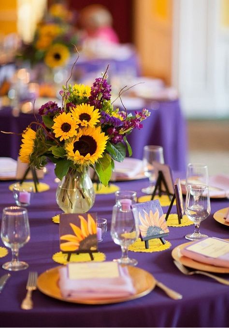 est Purple And Yellow Wedding, Purple Mason Jars, Tangled Wedding, Sunflower Wedding Decorations, Prayer Breakfast, Yellow Wedding Theme, Sunflower Centerpieces, Sunflower Themed Wedding, Yellow Decor