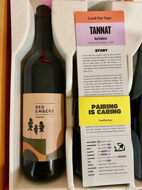 Red Embers 2018 Tannat - Good Pair Days • Travelling Corkscrew Wine Package, Wine Packaging Design Box Ideas, Wine Subscription Box Design, Bag In Box Packaging Wine, Wine Subscription Box, Sustainable Wine Packaging, Wine Subscription, Wine Packaging Design, Christmas Spices