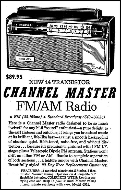 https://flic.kr/p/2j2WRgX | Vintage Advertising For The Channel Master Model 6518 Transistor Radio In A Channel Master Dealer Ad In The York Pennsylvania Gazette And Daily Newspaper, December 7, 1961 1920 Radio, Radio Advertising, Roberts Revival Radio, Golden Age Of Radio, York Pennsylvania, Radio Design, 1960s Transistor Radio, Daily Newspaper, Transistor Radio