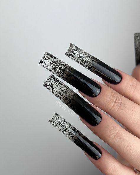 Dark Nail Designs Square, Long Gothic Nails, Goth Square Nails, Gothic Nails Coffin Long, Gothic Nails Square, Goth Nails Square, Dark Feminine Nails, Special Occasion Nails, Black Nails Square