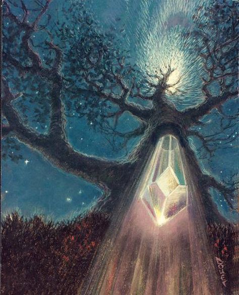 Magical, mystical Earth 70s Sci Fi Art, Tree Of Life Art, Spiritual Artwork, Crystal Tree, Forest Art, Soul Art, Visionary Art, Ethereal Art, Jena