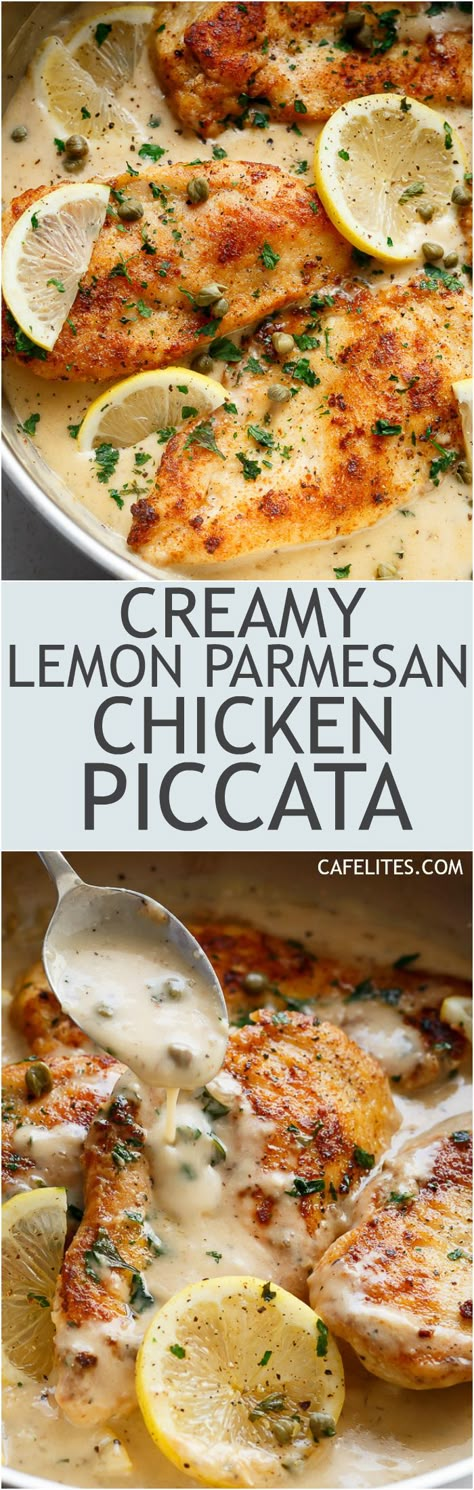 Creamy Lemon Parmesan Chicken Piccata: with parmesan cheese, garlic and a creamy lemon sauce. With NO heavy cream! Creamy Lemon Parmesan Chicken, Lemon Parmesan Chicken, No Heavy Cream, Gourmet Comfort Food, Creamy Lemon Sauce, Hockey Season, Chicken Piccata, Parmesan Chicken, Lemon Sauce