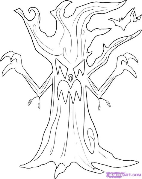 how to draw a spooky cat | How to Draw a Spooky Tree, Step by Step, Halloween, Seasonal, FREE .. Halloween Pictures To Draw, Tree Drawing Easy, Moldes Halloween, Spooky Tree, Vintage Halloween Images, Halloween Kunst, Spooky Trees, Halloween Rocks, Tree Coloring Page