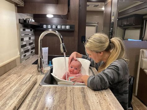 Camper Crib Ideas, Nursery In Camper, Newborn Rv Living, Camper Nursery, Camper Nursery Ideas, Rv Baby Nursery, Crib In Camper, Rv Living With Newborn, Rv Nursery