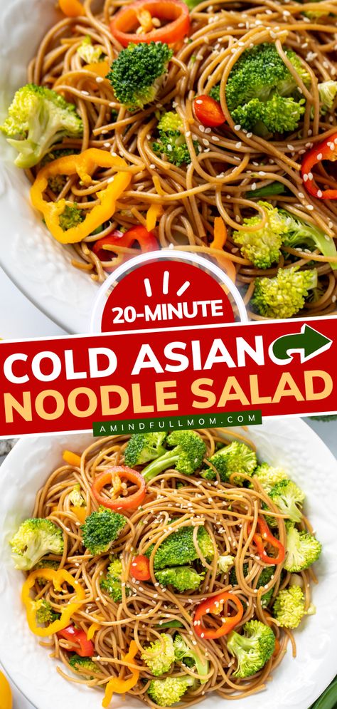 Asian Noodle Salad Asian Noodle Pasta Salad, Cold Asian Noodle Salad Easy, Sesame Ginger Pasta Salad, Cold Noodle Lunch Ideas, Pasta Lunch Ideas Cold, Sesame Noodle Salad Cold, Cold Asian Noodle Salad Sesame, Easy Cold Noodle Salad, Asian Sesame Noodle Salad