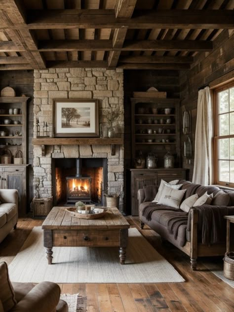 Naturally Rustic: Farmhouse-Inspired Living Room Ideas | aulivin.com Rustic House Farmhouse Living Room, Living Room Rustic Designs, Outlander Living Room, Adirondack Living Room, Cabin Bedroom Ideas Rustic Modern, Outlander Interior Design, Farmhouse Living Room Rustic, European Farmhouse Living Room, Rustic Cabin Living Room