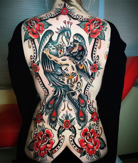 Jon on Instagram: “Beautiful battle back by @mayavavoom . . . . . . #oldschoolbacktattoos #oldschool #oldschooltattoos #radtrad #topclasstattooing #oldlines…” Arm Tattoo Plus Size Women, Traditional Tattoo Back Piece, Red Flower Tattoo, Peacock Tattoos, Traditional Back Tattoo, Red Flower Tattoos, Backpiece Tattoo, Colorful Tattoo, Tattoo On Back