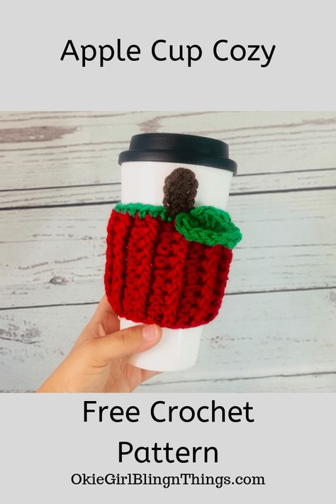 Crochet Cup Cozies, Crochet Teacher, Crochet Teacher Gifts, Cup Cozy Crochet Pattern, Cup Cozy Crochet, Mug Cover, Cup Cozy Pattern, Crochet Apple, Apple Cup