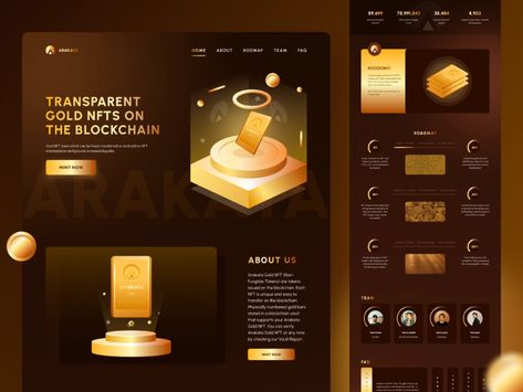 Arakata - Gold NFTs Landing Page by Muhajirul Faqih for Plainthing Studio on Dribbble Gold Web Design, Gold Website, Web Application Ui, Web Design Color, Gold App, Wordpress Ecommerce, Energy Medicine, Website Themes, Ecommerce Website