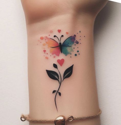 Women Color Tattoos, Tattoo Color Mujer, Minimal Butterfly Tattoo Design, Tattoo Ideas Female Simple, Rose And Butterfly Tattoos, Love Tattoo Ideas, Medium Size Tattoos, Rose And Butterfly Tattoo, Colorful Butterfly Tattoo