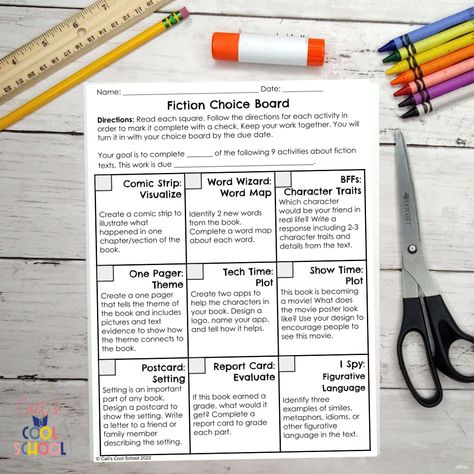 Using Choice Board for Fiction Novel Studies - Cait's Cool School Novel Study Choice Board, Student Choice Boards, Novel Study Project, Intermediate Reading, Literature Unit Studies, Novel Activities, Literature Study, Novel Study Activities, Cool School