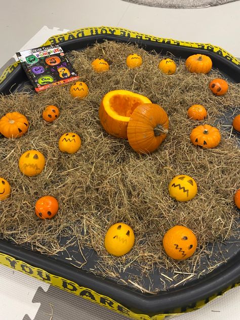 Autumn Sand Tray Ideas, Pumpkin Patch Tuff Tray, Halloween Eyfs Ideas, Pumpkin Tuff Tray Ideas, Harvest Festival Ideas Eyfs, Pumpkin Tuff Tray, Halloween Activities Eyfs, Halloween Eyfs Activities, Pumpkin Soup Activities