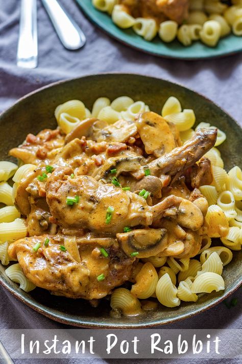 A tasty Instant pot rabbit recipe made easy with pressure cooker. Rabbit with bacon and mushrooms cooked in a rich creamy sauce and served over pasta! Delicious and easy dinner recipe. #rabbit #lunch #dinner #instantpot Instant Pot Rabbit, Easy Rabbit Recipe, Rabbit Recipe, Rabbit Recipes, Rabbit Stew, Rabbit Dishes, Easy Crepe Recipe, Best Pressure Cooker, Pot Recipes Healthy