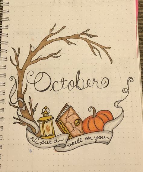 22 Spinetingling October Bullet Journal Ideas   #diyideas #bujo #bujoideas #bulletjournal #octoberbujo October Scrapbook Ideas, October Bullet Journal Ideas, October Bullet Journal Cover, October Cover Page, October Journal, Bullet Journal Halloween, October Bullet Journal, Autumn Journal, Bullet Journal October