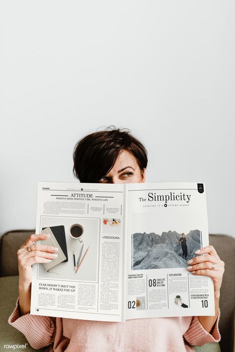 Cheerful woman covering her face with a magazine | premium image by rawpixel.com / Karolina / Kaboompics Woman Reading Newspaper, Holding Newspaper, Newspaper Mockup, Newspaper Woman, Reading Magazine, Reading A Magazine, Rose Mary, Womens Business, Creative Banners