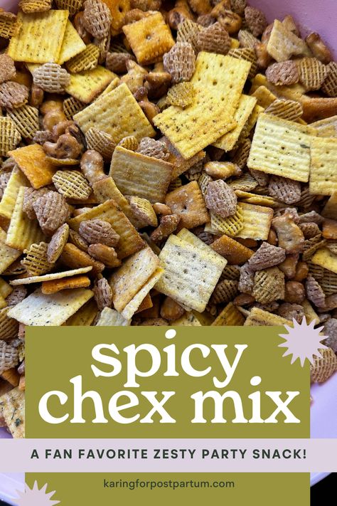 Spicy Chex Mix | Karing for Postpartum Brown Snacks, Snack Mix Ideas, Bugles Snack Mix, Spicy Chex Mix, Party Mix Recipe, Party Mix Snacks, Easy Party Food, Snack Mix Recipes, Holiday Christmas Party