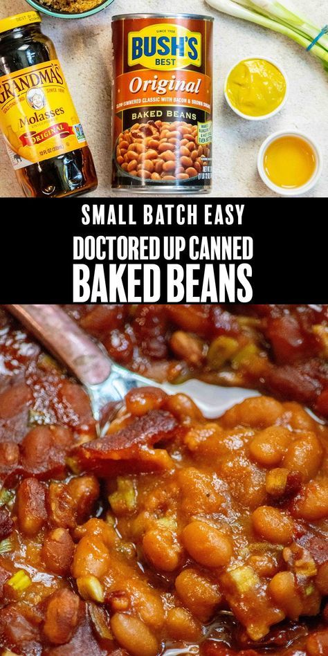 This easy small batch Doctored Up Bush's canned baked beans recipe takes simple canned baked beans to the next level with simple ingredients, and bakes in under 45 minutes! The perfect side dish for your next cookout! Baked Beans For Two, Baked Beans Small Batch, Doctor Up Canned Baked Beans, Small Batch Baked Beans, Bush Baked Beans Recipe, Bushs Baked Beans Recipe Easy, Crockpot Baked Beans Canned, Bake Beans Recipe Easy, Easy Baked Beans Canned