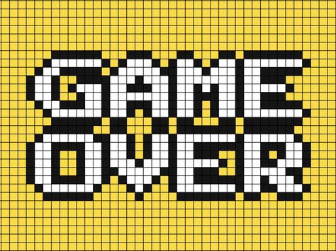 A pixel art text (lettered) template of the words game over. Put above and under one another (not left and right), with a yellow background to make it stand out. Crochet Arcade Patterns, Controller Pixel Art, Pixel Art Video Games, Cross Stitch Video Games, Video Game Controller Cross Stitch, Gamer Cross Stitch Pattern, Video Game Alpha Pattern, Video Game Pattern, Grid Design Pattern