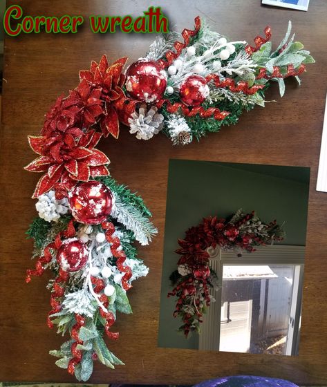 Doorway Christmas Decor, Corner Wreath, Christmas 2023 Decor, Decorate Door, Christmas Corner, 2023 Decor, Square Wreath, Christmas Floral Arrangements, Dollar Tree Christmas