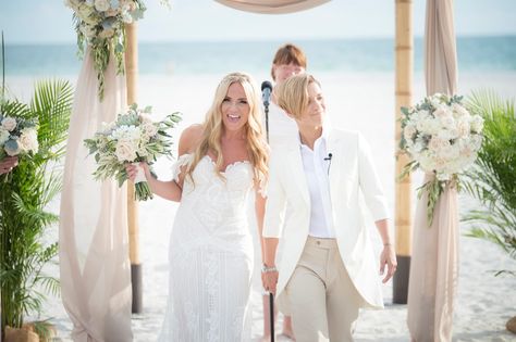 A Very Dapper Wedding: Nicole and Tina - dapperQ #loveislove #twobrides #lovewins #lesbianwedding #gaywedding #Lgbtwedding #lgbtqwedding #twobridesarebetterthanone Lesbian Beach Wedding, Dapper Bride, Lesbian Wedding Outfits, Queer Style, Beach Wedding Outfit, Queer Weddings, Lgbt Wedding, Two Brides, Queer Fashion