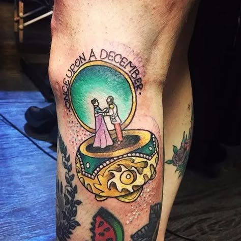 Anastasia Crown Tattoo, Holes Movie Tattoo, Anastasia Movie Tattoo, Anastasia Music Box Tattoo, Anastasia Tattoo Ideas, Disney Traditional Tattoo, Anastasia Tattoo Disney, Music Box Tattoo, Bartok Anastasia Tattoo