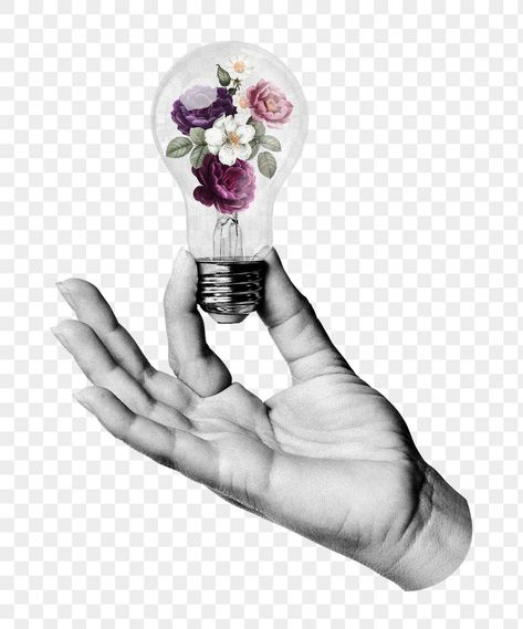 Funny Png Images, Transparency Aesthetic, Collage Art Background, Collage Art Png, Hand Collage, Bulb Png, Bulb Illustration, Png Collage, Surreal Flowers