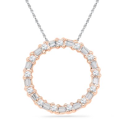 1/5+CT.+T.W.+Baguette+and+Round+Diamond+Circle+Pendant+in+10K+Rose+Gold Diamond Circle Pendant, Diamond Pendants Designs, Pendant Sets, Dainty Diamond Necklace, Diamond Pendants, Diamond Jewelry Necklace, Diamond Solitaire Necklace, Peoples Jewellers, Circle Diamond