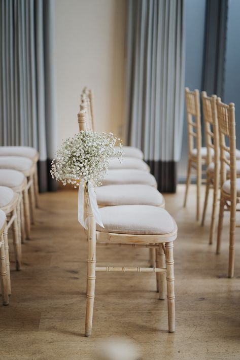 Millbridge Court, Modern Luxury Wedding, Winter Ceremony, Pew Flowers, White Gypsophila, Gypsophila Wedding, Pew Ends, Plan Wedding, Ceremony Chairs