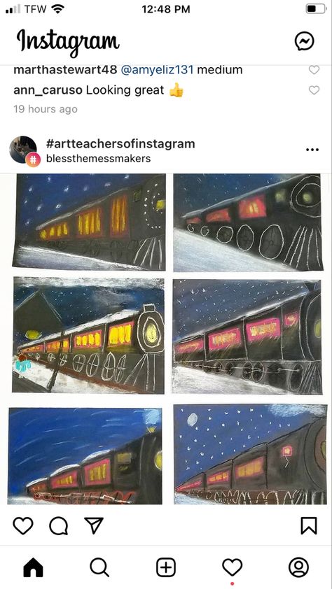 High School Holiday Art Projects, Christmas Perspective Art, Polar Express Art Projects For Kids, Polar Express Art, Grade 6 Winter Art, Winter Holiday Art Lessons Elementary, Polar Express Lessons, Polar Express Canvas, Pastel Projects