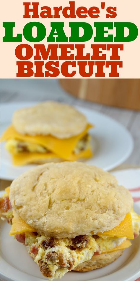 Hardee's Loaded Omelet Biscuit has ALWAYS been my absolute favorite fast food breakfast sandwich! But there just aren't very many Hardee's around any more - so I made my own copycat version and it was DELICIOUS! #hardees #copycat #loadedomelet Mcdonalds Breakfast Recipe, Omlet Biscuits, Omelet Biscuits, Copycat Hardees Frisco Breakfast Sandwich, Loaded Omelet, Cheddar Biscuit Breakfast Sandwich, Hardee’s Copycat Biscuits, Copycat Drinks, Original Pancake House Omelet Recipe