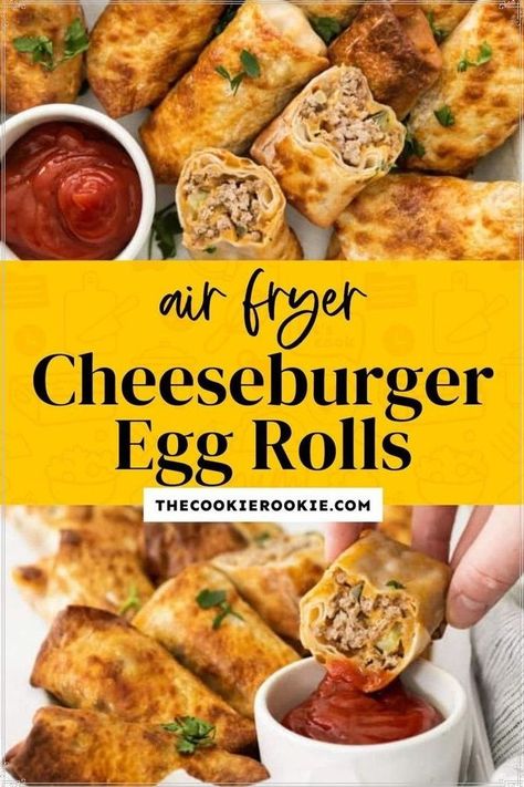 Cheeseburger Egg Rolls Recipe, Air Fryer Cheeseburger, Hamburger With Egg, Ground Beef And Bacon, Homemade Dipping Sauce, Cheeseburger Egg Rolls, Wonton Wrapper Recipes, Egg Roll Ingredients, Hamburger Rolls