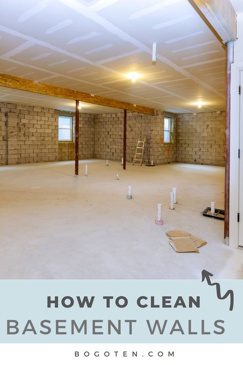 Unfinished basement with concrete walls Cleaning Basement Walls, Clean Basement Floor Concrete, Cleaning Basement, Painting Basement Walls, Basement Cleaning, Clean Basement, Waterproofing Basement Walls, Unfinished Basement Walls, Concrete Basement Walls