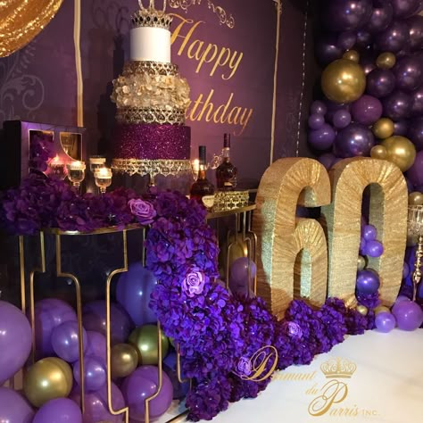 Amethyst Birthday Party, Elegant 60th Birthday Party Decorations, Birthday Decorations Purple, Mom 60th Birthday, 60th Birthday Ideas For Mom, Purple Party Decorations, Black Party Decorations, 60th Birthday Party Decorations, Purple Birthday Party