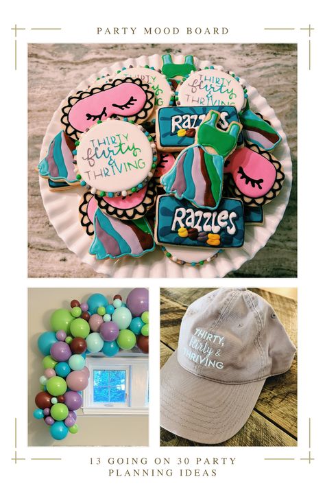 13 Going On 30 Party Ideas. Cookie deigns for 13 going on 30 party, balloon garland, 13 going on 30 hat Thirty, Flirty, & Thriving 30 Party Theme, 30 Party Decorations, Razzles Candy, 13 Going On 30 Dress, 13 Going On 30 Birthday, 13 Going On 30 Party, Movie Party Theme, 30th Birthday Party For Her, Birthday Party 13