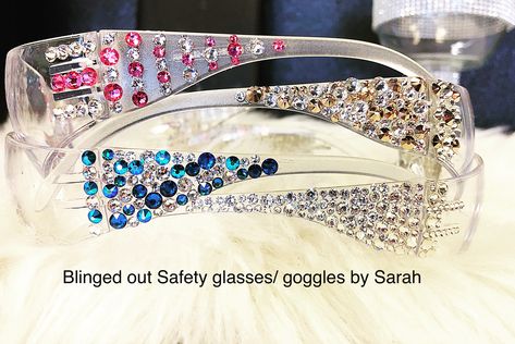 Safety glasses/ goggles with  Swarovski Crystals  Biker chick glasses  By Sarah @ styliztik nailz Bedazzled Glasses, Diy Y2k, Y2k Glasses, Bling Sunglasses, Bling Crafts, Safety Goggles, Work Gear, Safety Glasses, Custom Ideas