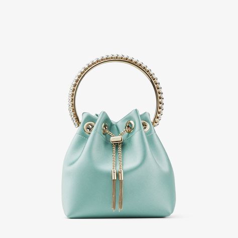 Jimmy Choo - Bon Bon Smoke Green Satin Bag with Crystal Handle Jimmy Choo Bon Bon Bag, Womens Designer Bags, Luxury Belts, Jimmy Choo Bag, Satin Bags, Bon Bon, Designer Shoulder Bags, Green Satin, Greetings Cards