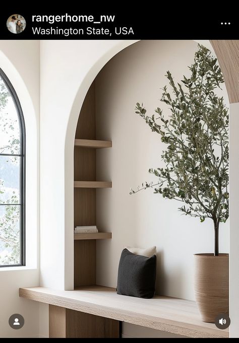 Wall Niche Ideas Entryway Entrance, Arched Niche In Wall, Niche In Wall, Wall Niche Ideas, Wall Nook, Alcove Shelves, Wall Niche, Oak Shelves, Bay Window