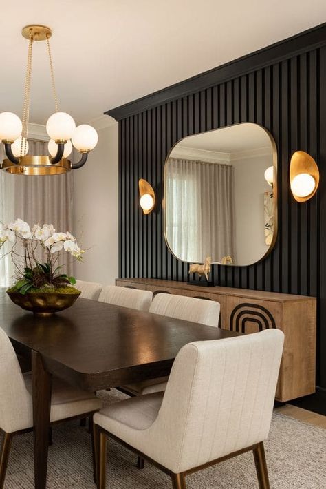 25 Inspiring Black Feature Wall Ideas For Your Modern Space Dining Room Feature Wall, Dining Room Accent Wall, Table With Chairs, Dining Room Accents, Dining Room Interiors, Dining Room Inspiration, Room Remodeling, Dining Room Walls, Decor Home Living Room